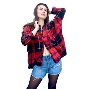 Like An Angel Boho Oversized Plaid Flannel Button Up Shirt. M. NWT.
